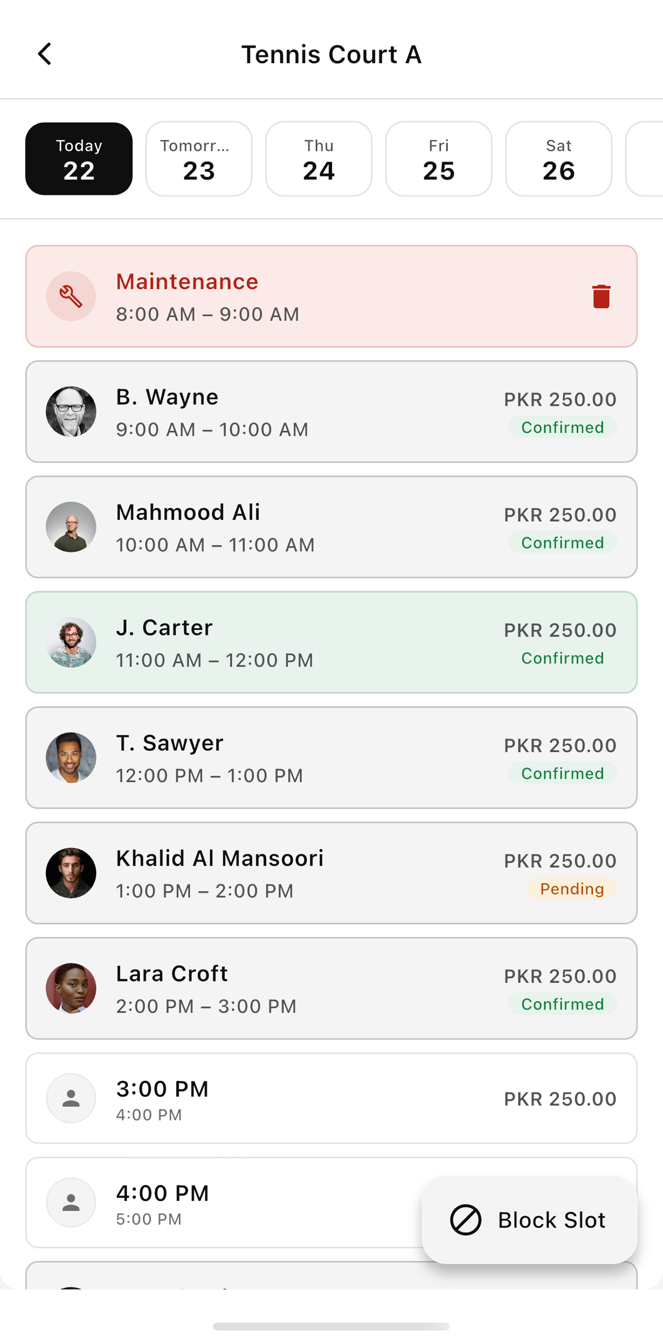 The same bookings on a phone, in the Sportra app