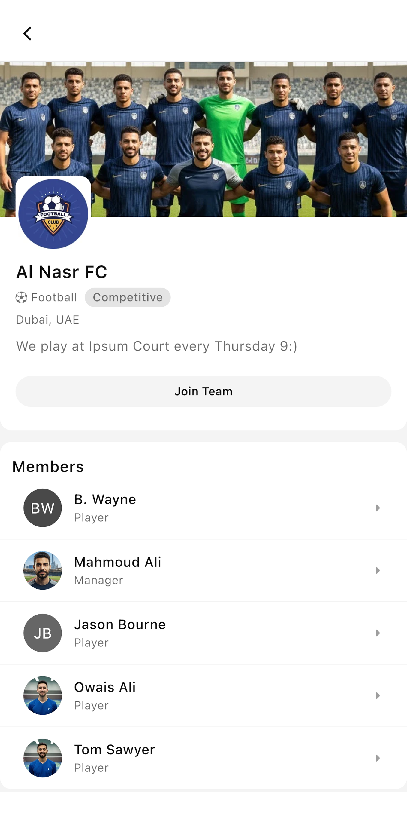 A Sportra team profile with its squad and match history