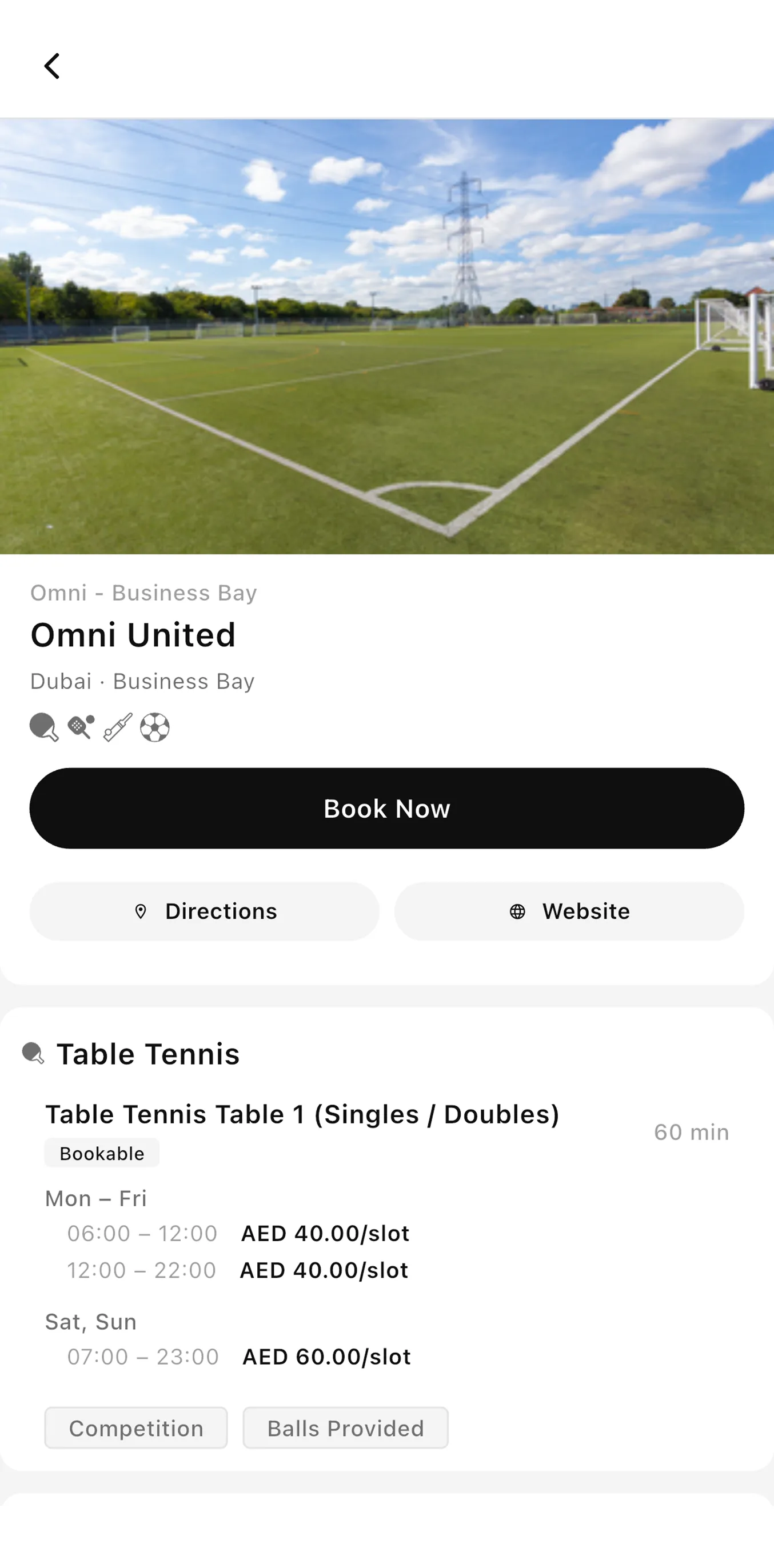 The Sportra venue screen showing available courts and times