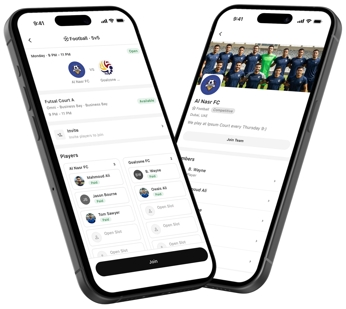 Two phones running Sportra: a match with each player paid, and a team page with its members