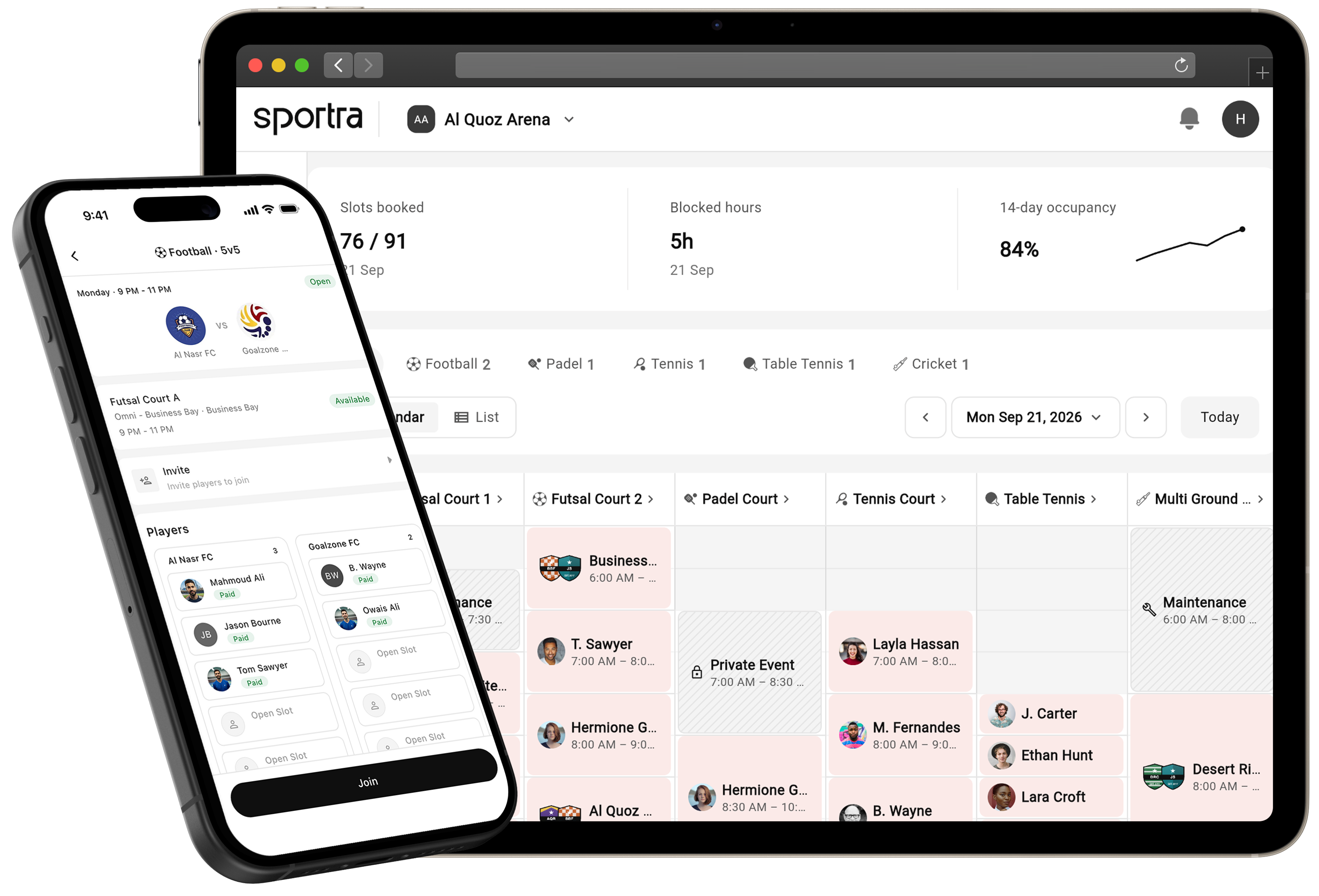 Sportra on a phone and a tablet: a match with each player paid, and a venue's booking calendar