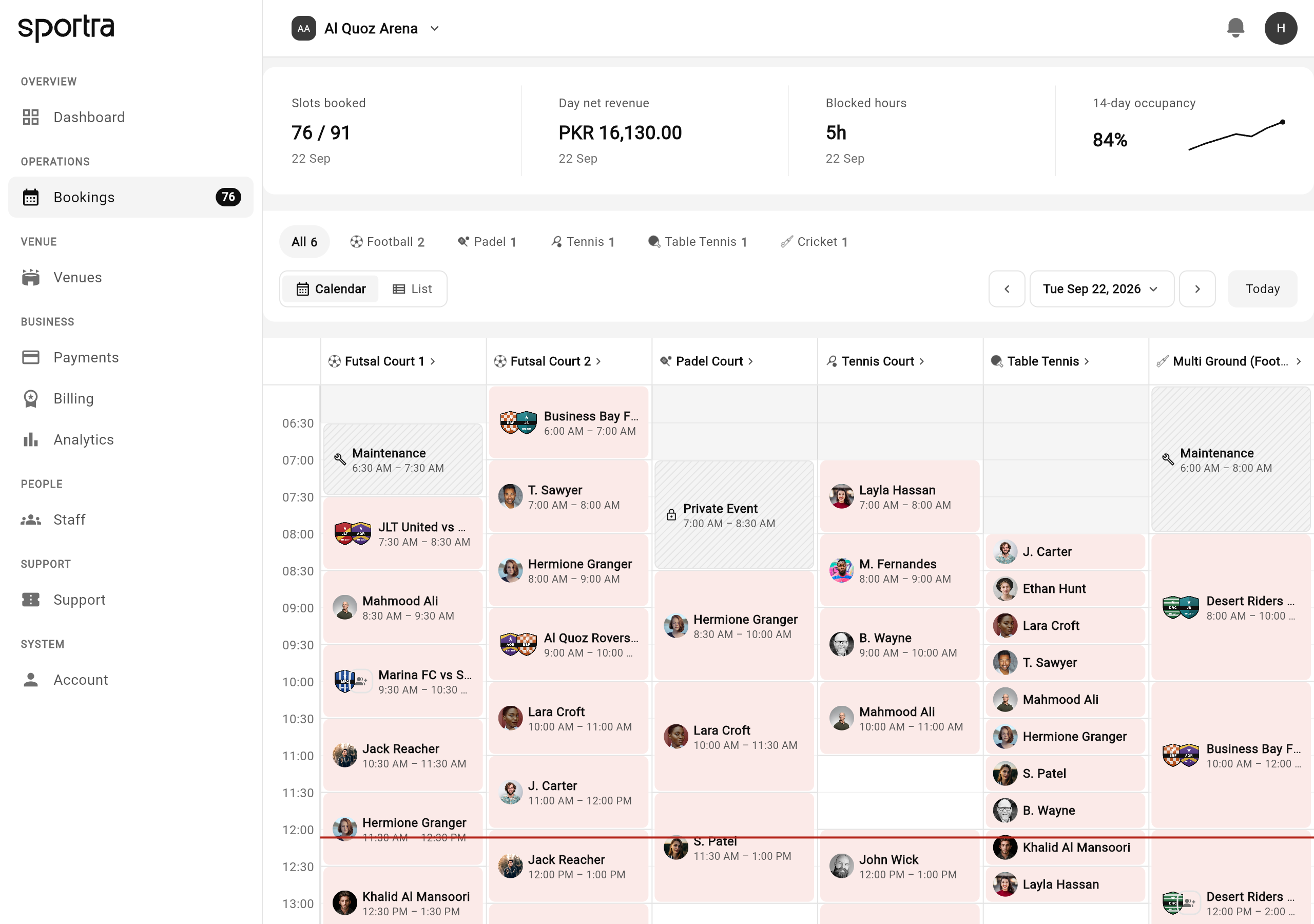 The Sportra manager portal showing a venue's booking calendar