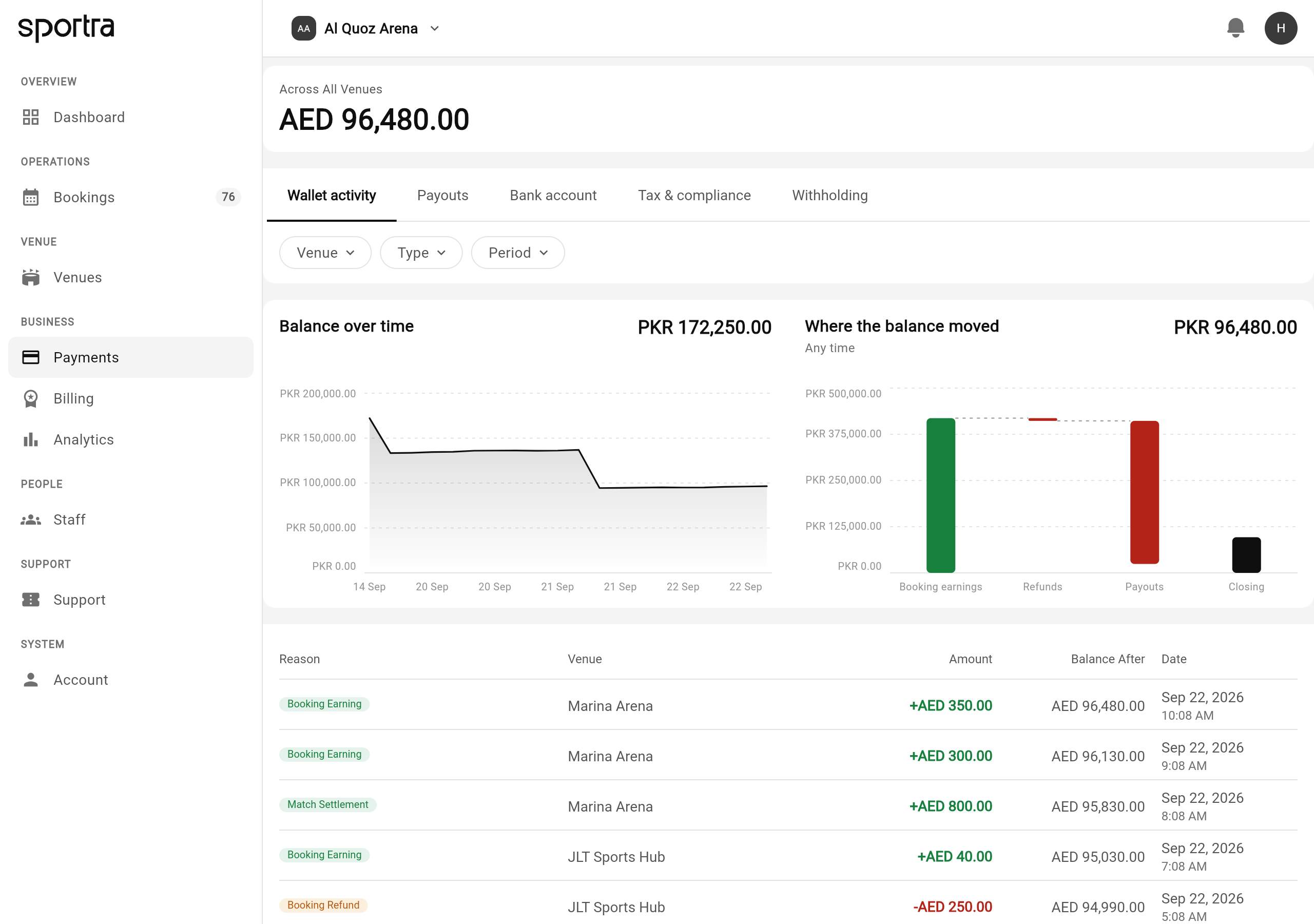 The Sportra manager portal showing payments and payouts