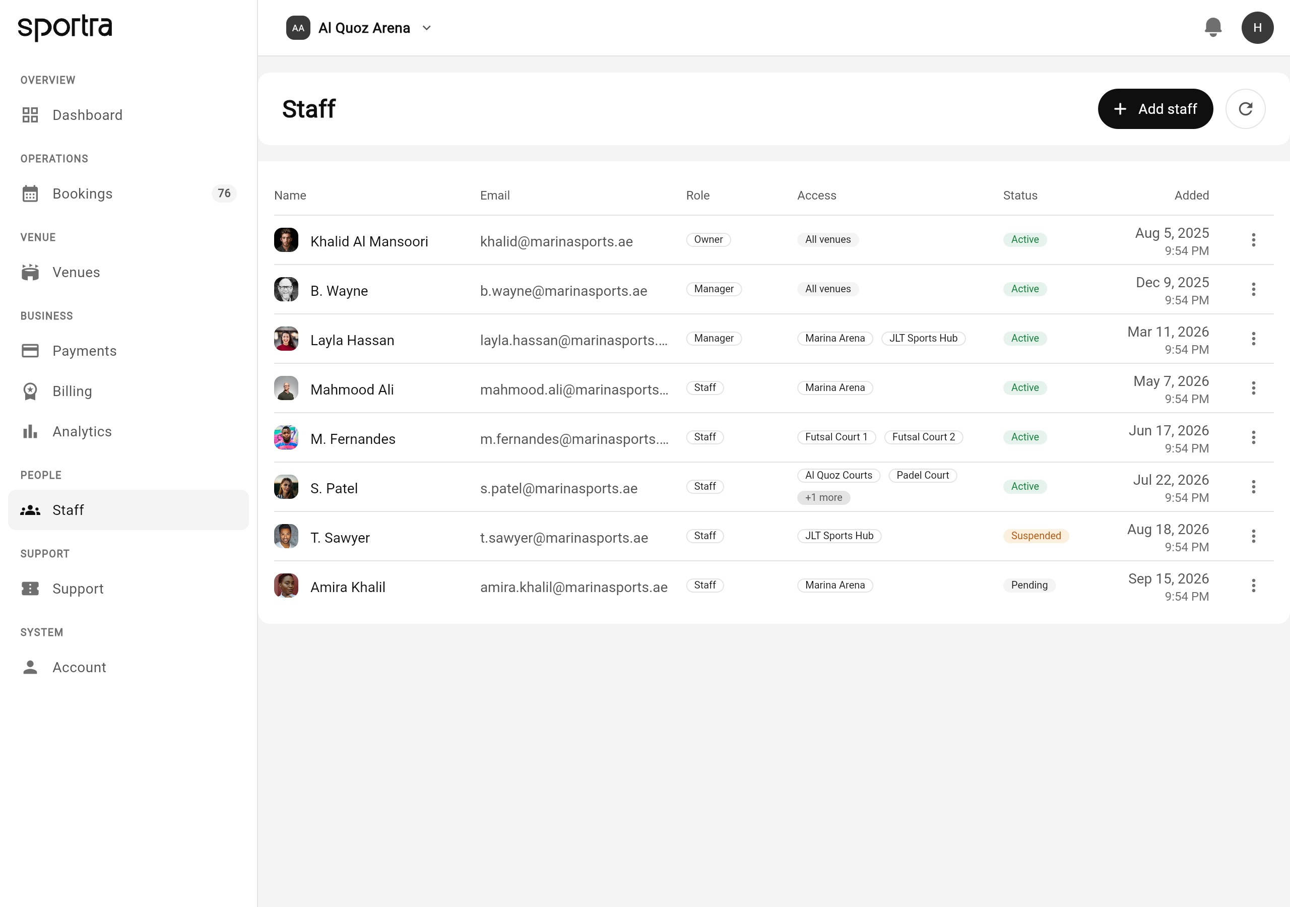 The Sportra manager portal showing staff and their roles